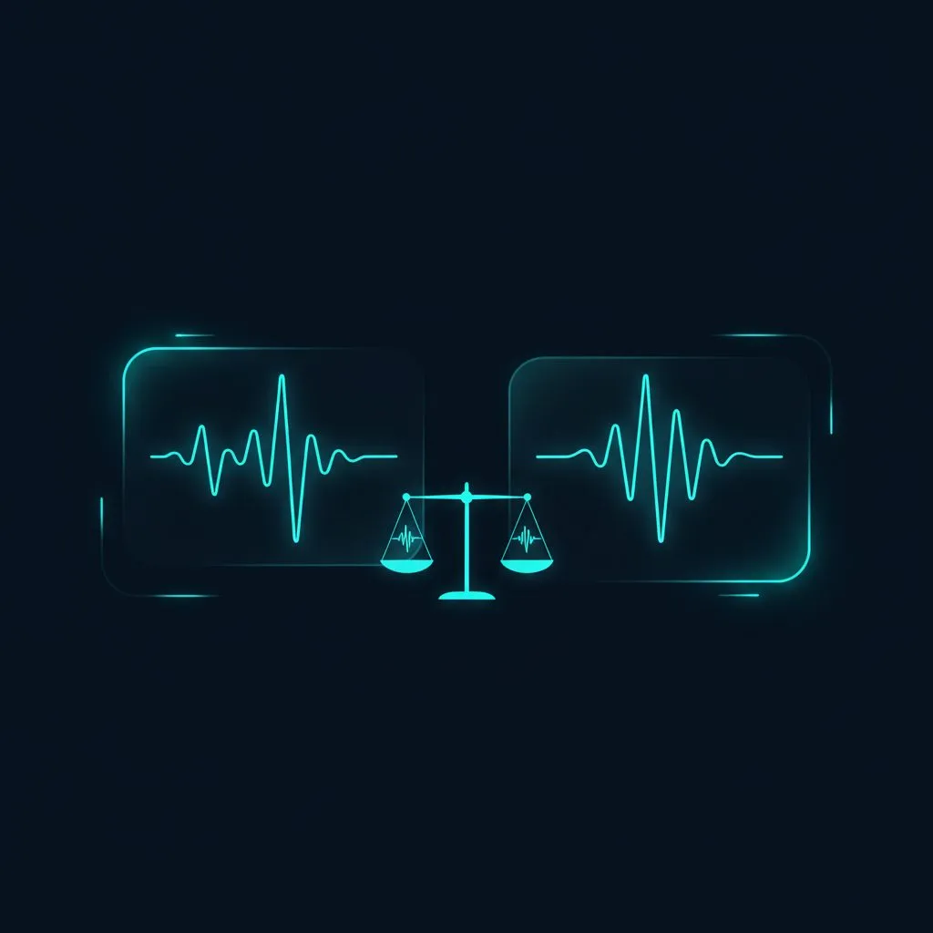 Ilustración de dos ondas de sonido en pantallas, comparadas sobre una balanza