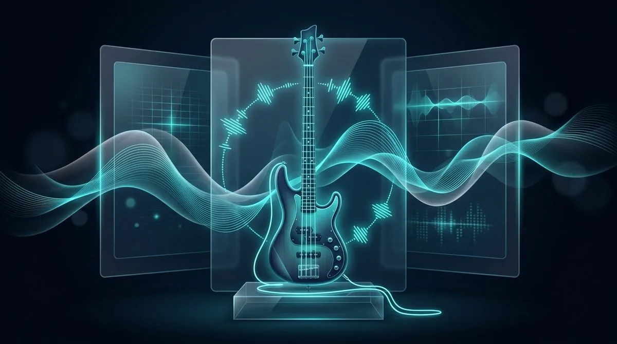 Ilustración de un bajo eléctrico entre paneles de audio y ondas de sonido