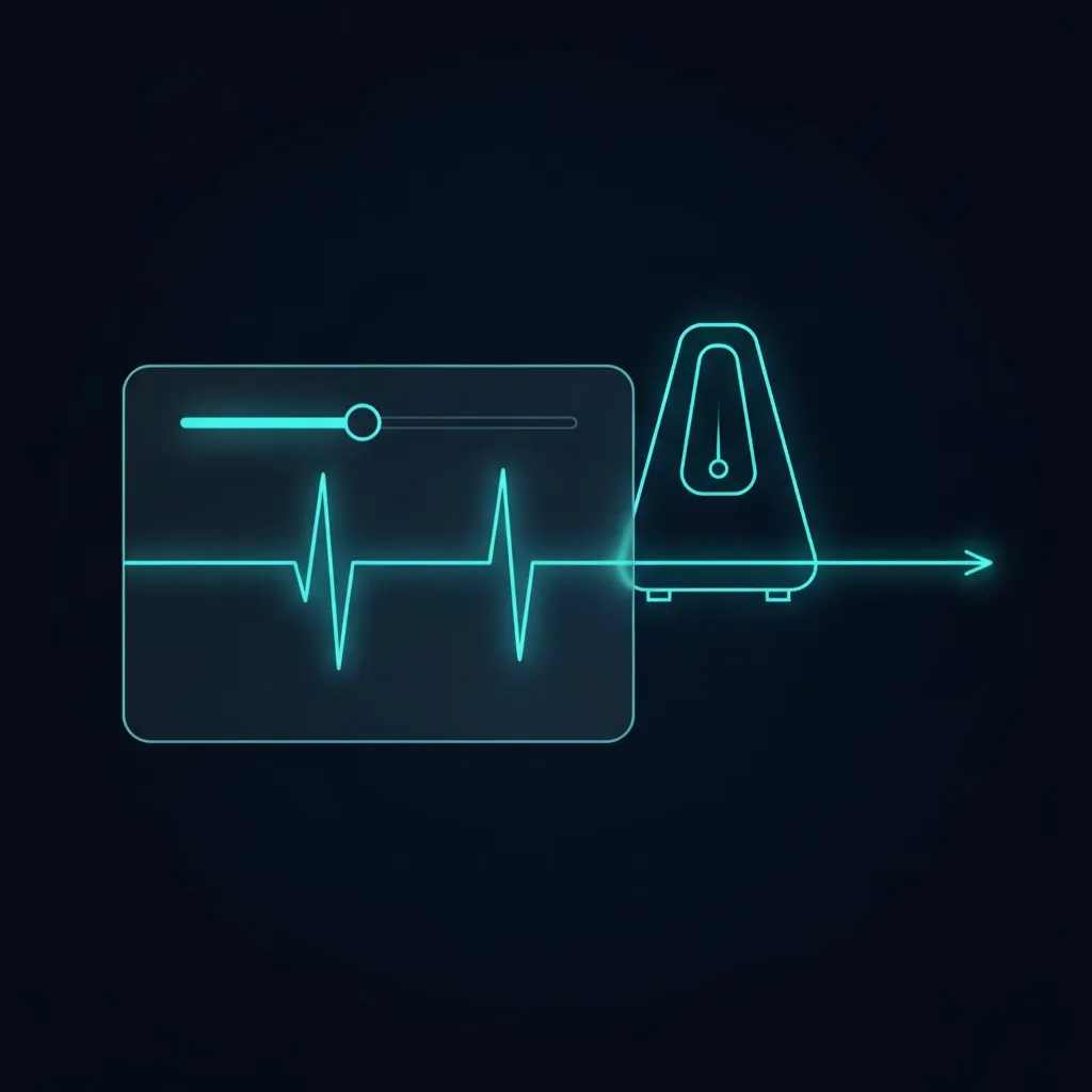 Ilustración de un control de velocidad junto a un metrónomo y una onda de sonido