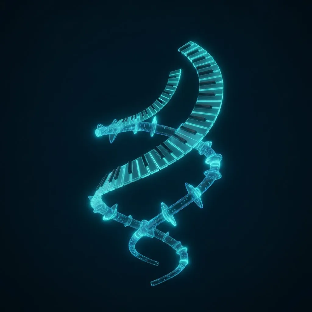 Ilustración de teclas de piano en espiral, como una escala que sube de tono