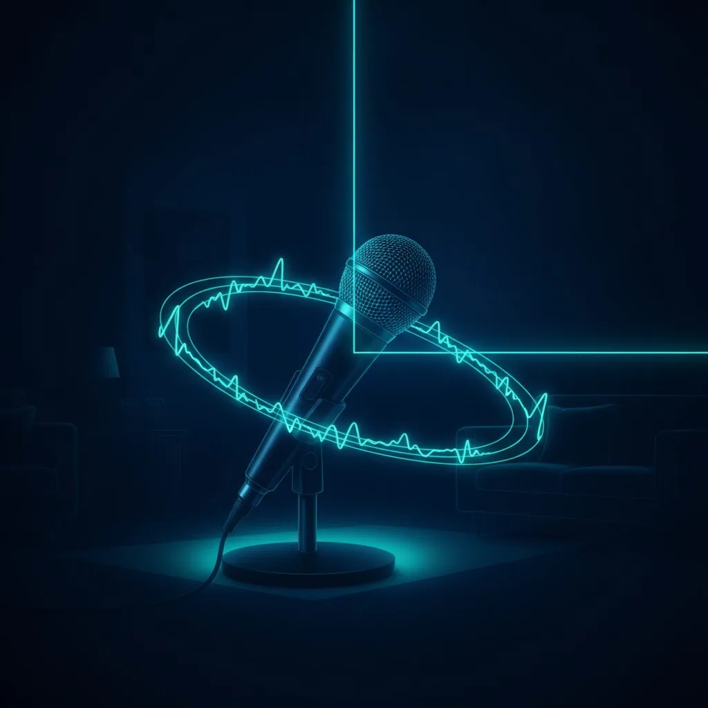 Ilustración de un micrófono de pie rodeado de un anillo de luz