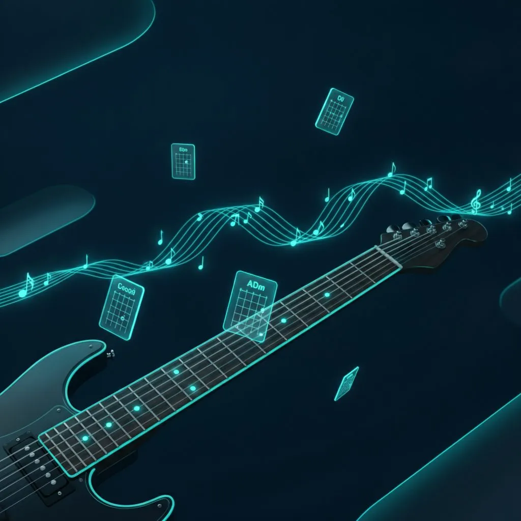 Ilustración de una guitarra eléctrica con partituras y diagramas de acordes flotando
