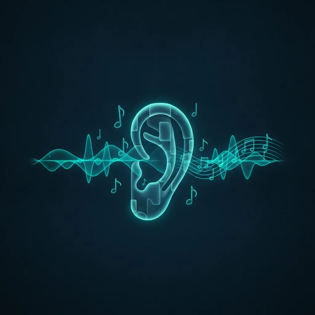 Ilustración de una oreja rodeada de ondas de sonido y notas musicales